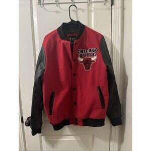 NBA Chicago Bulls Men's Wool & Leather jacket Coat Snap Size Small Red & Black